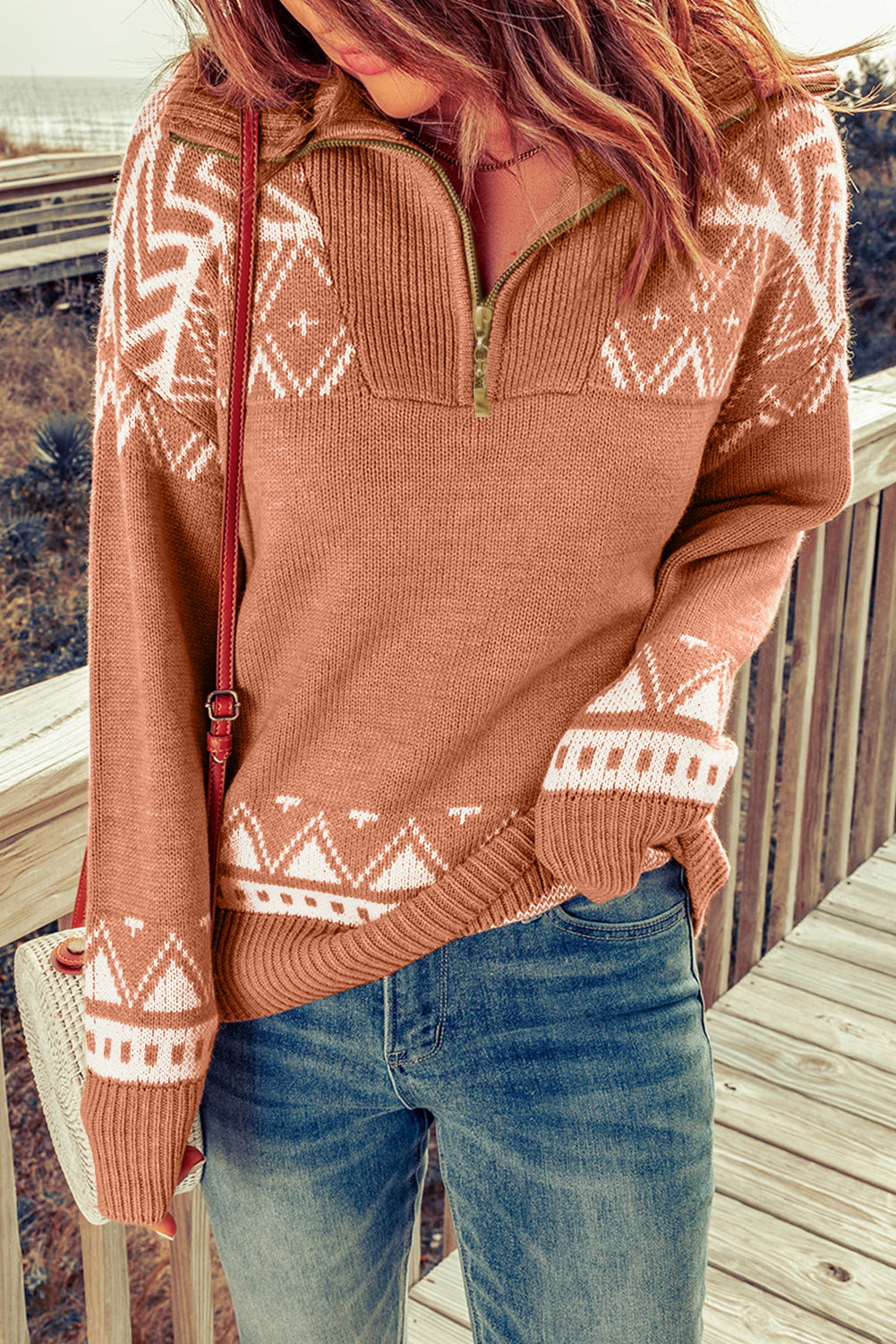 Geometry Knit Quarter Zip Sweater | Pink