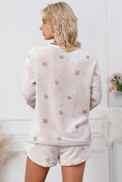 Plush Star Pattern Long Sleeve Pullover And Shorts Lounge Set | White