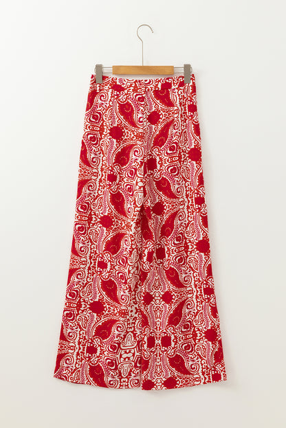 Paisley Printed Buttoned High Waist Straight Leg Pants | Red