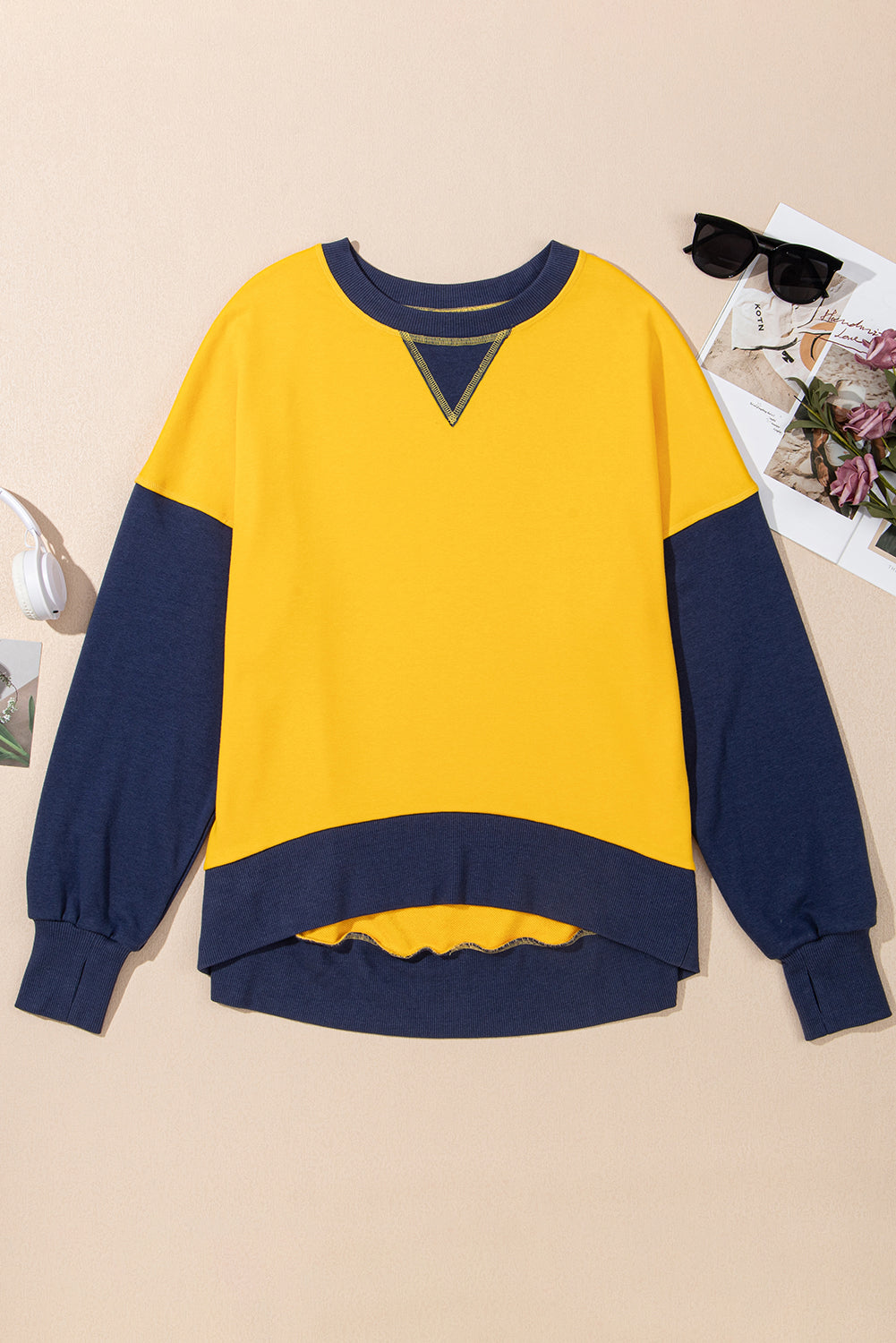 Colour Block Thumbhole Sleeve Drop Shoulder Sweatshirt | Yellow