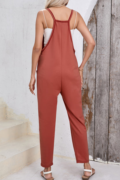 Side Pockets Harem Pants Sleeveless V Neck Jumpsuit | Gold Flame