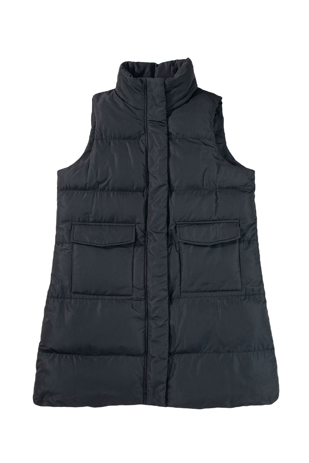 Windproof Longline Full Zipper Puffer Vest With Pockets | Black