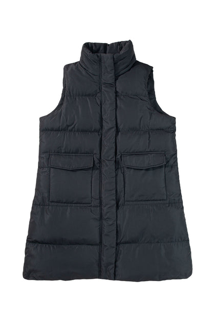 Windproof Longline Full Zipper Puffer Vest With Pockets | Black