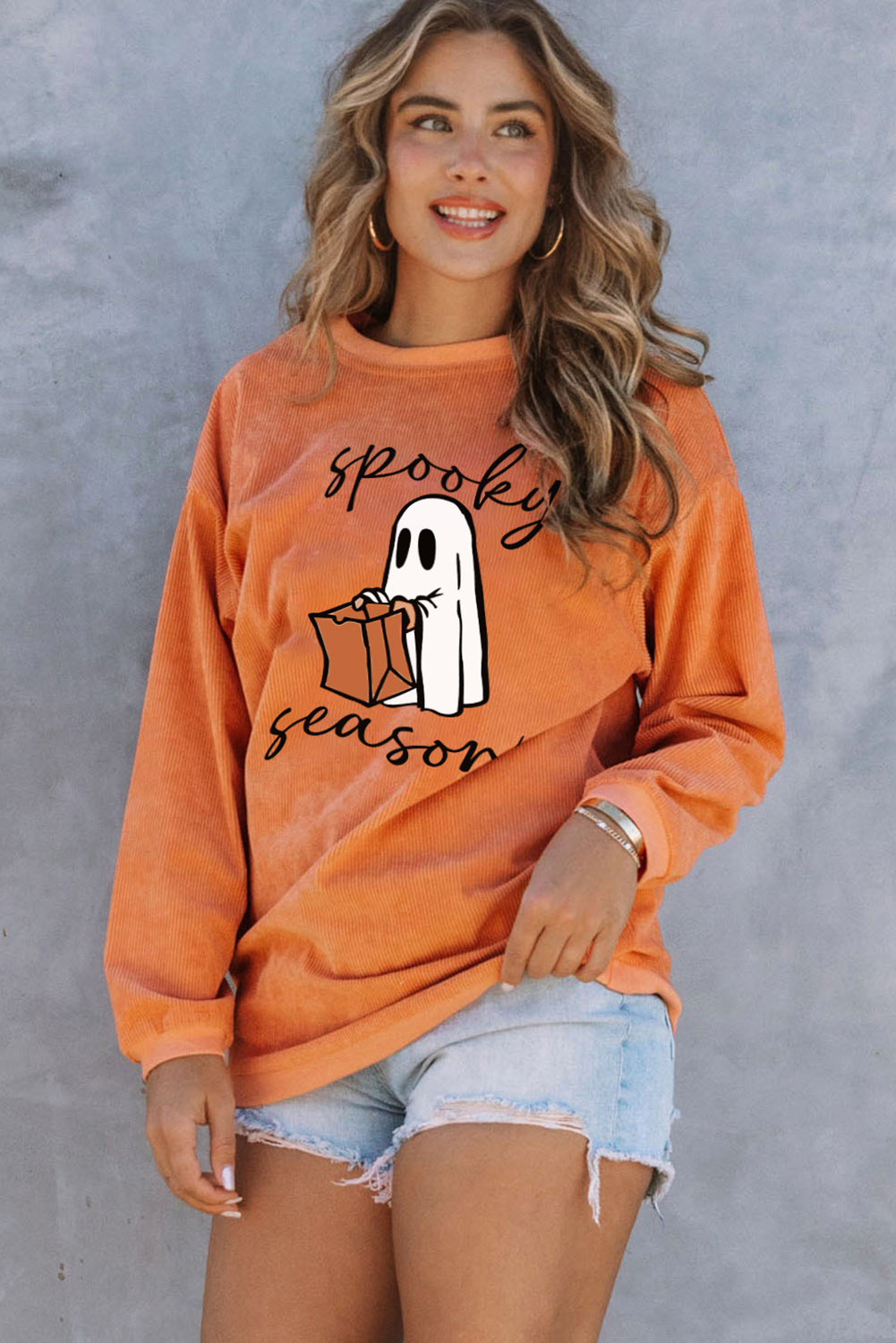 Spooky Season Ghost Print Ribbed Pullover Sweatshirt | Orange