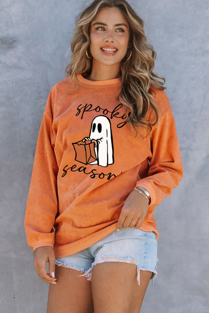 Spooky Season Ghost Print Ribbed Pullover Sweatshirt | Orange