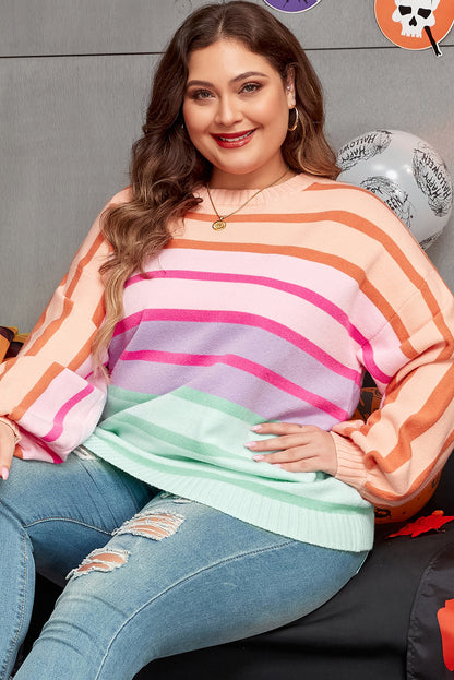 Colour Block Balloon Sleeve Crewneck Plus Size Sweater | Pink Stripe