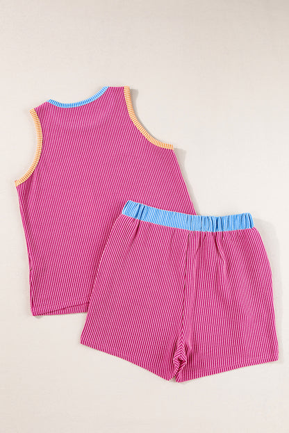 Corded Contrast Trim Sleeveless Top And Shorts Set | Bright Pink