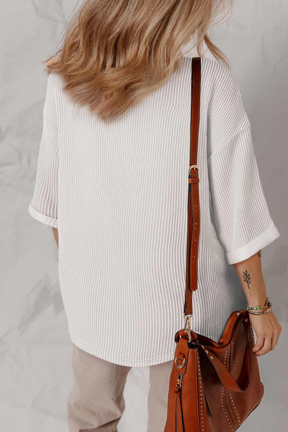 Solid Colour Corded Drop Shoulder 3/4 Sleeve V Neck Top | White