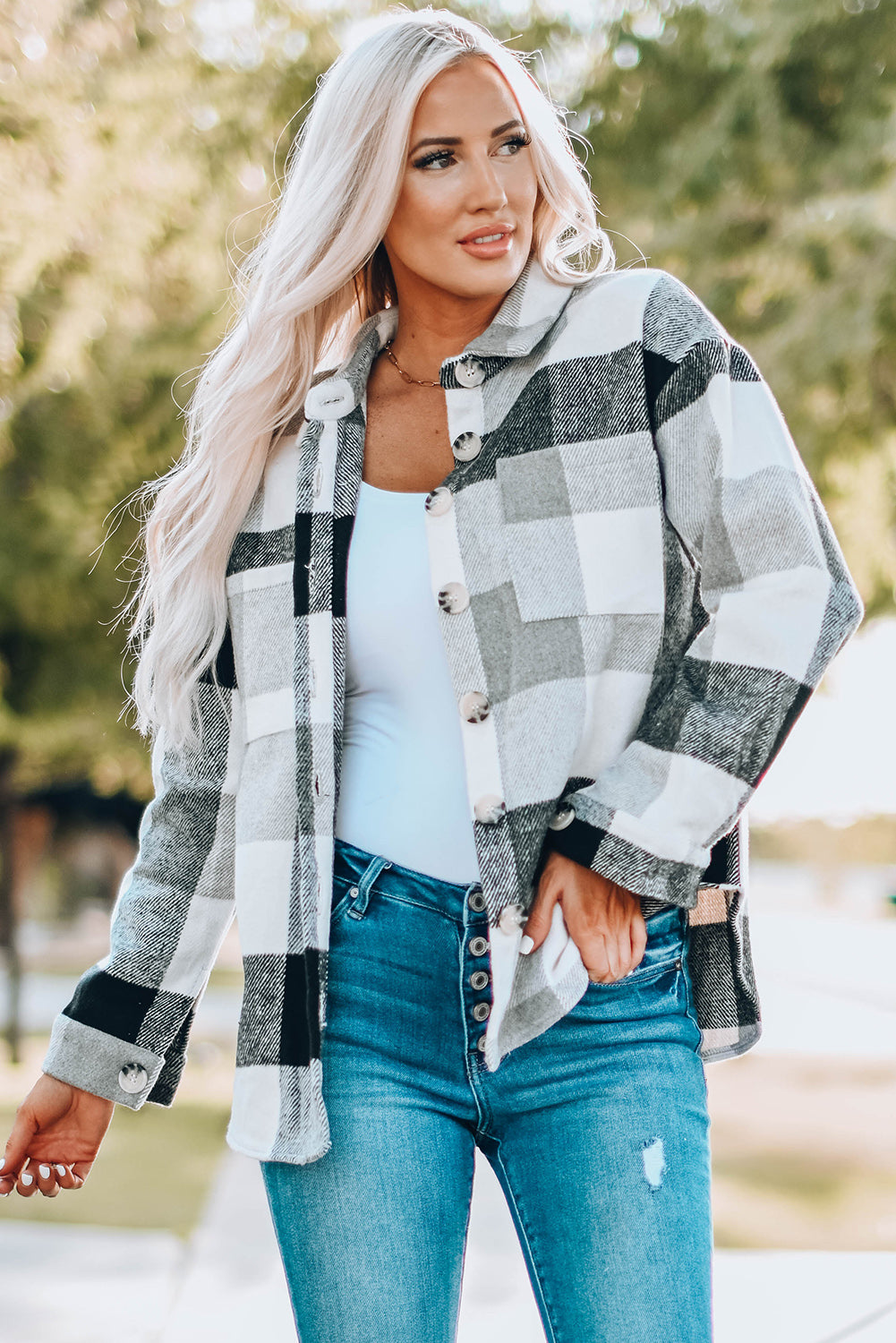 Plaid Colour Block Buttoned Long Sleeve Jacket With Pocket | Gray