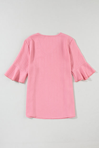 Ruffled Half Sleeve V Neck Textured Top | Peach Blossom