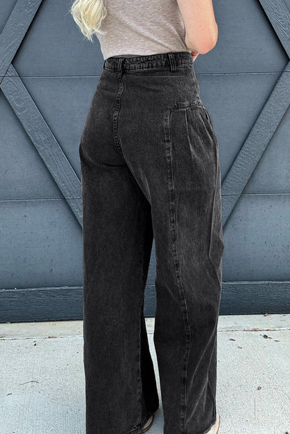 Pleated Wide Leg Mineral Wash Denim Pants | Dark Grey