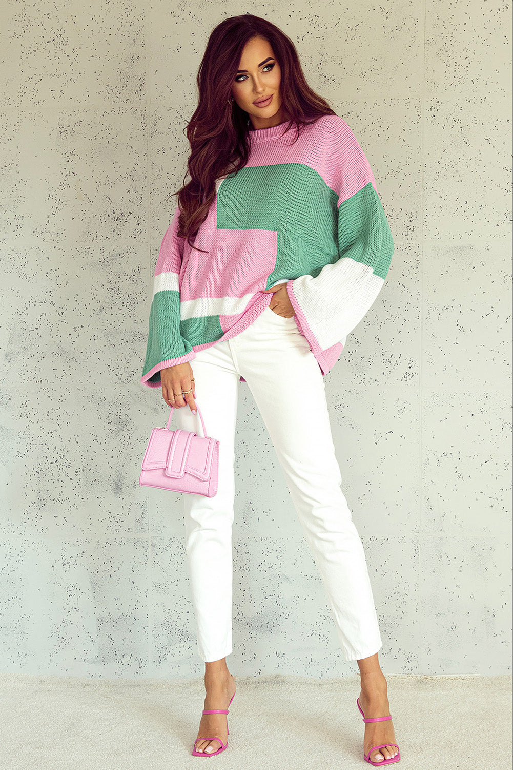 Colourblock Drop Shoulder Bell Sleeve Sweater | Pink