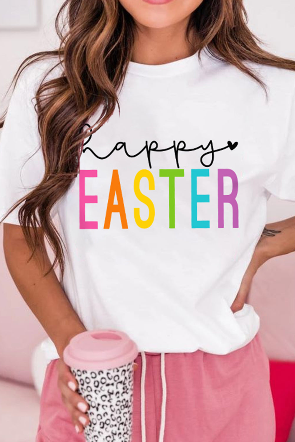 White Happy EASTER Round Neck Graphic Tee