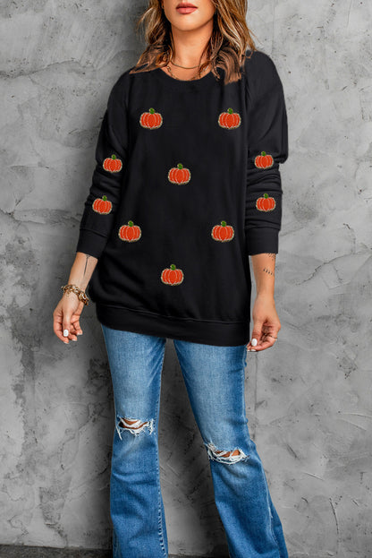 Halloween Pumpkin Graphic Drop Shoulder Sweatshirt | Black