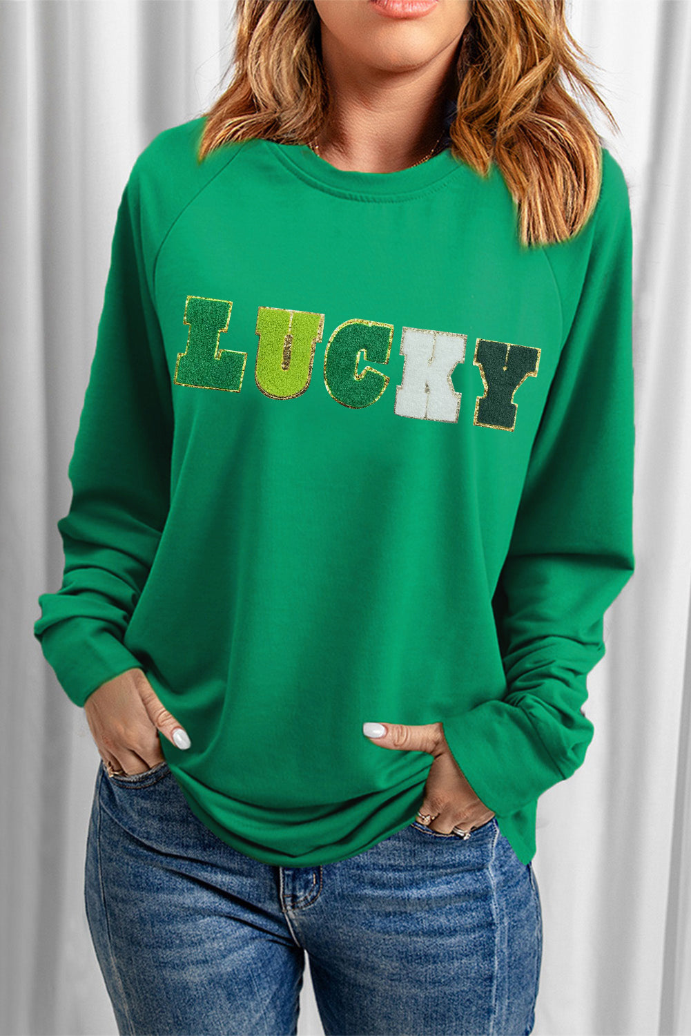 St Patricks Lucky Chenille Embroidered Graphic Sweatshirt | Green