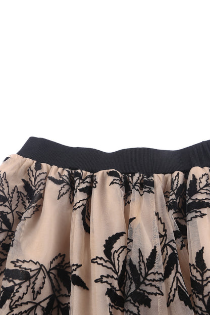 Floral Leaves Embroidered High Waist Maxi Skirt | Apricot