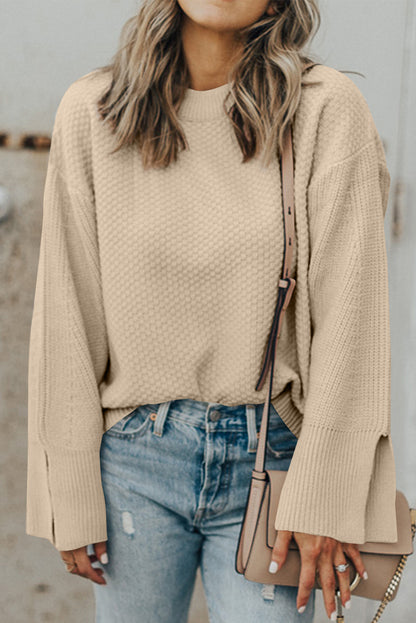 Solid Textured Knit Split Cuff Drop Shoulder Loose Sweater | Parchment