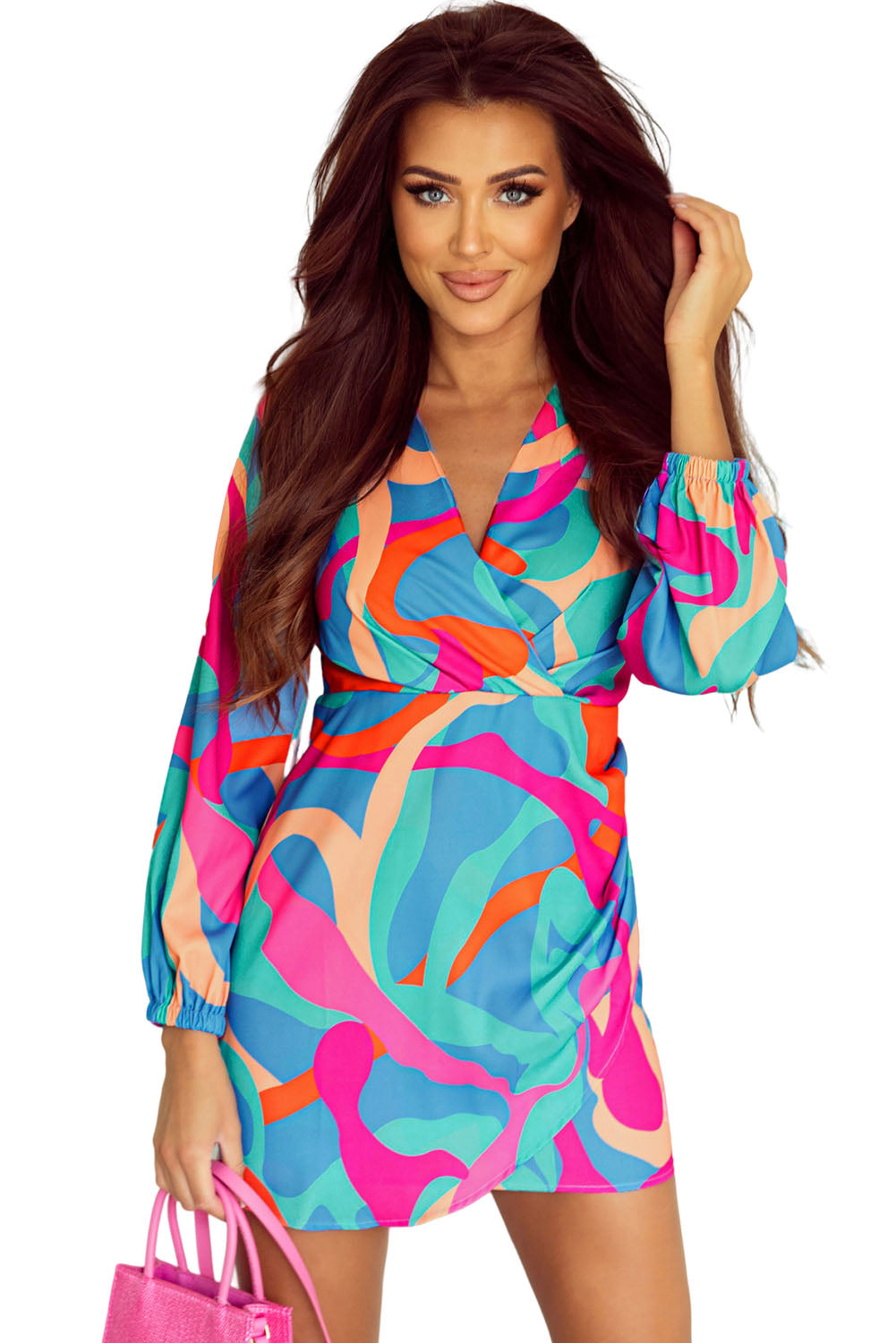 Abstract Print Wrap V Neck Puff Sleeve Dress | Multicolour