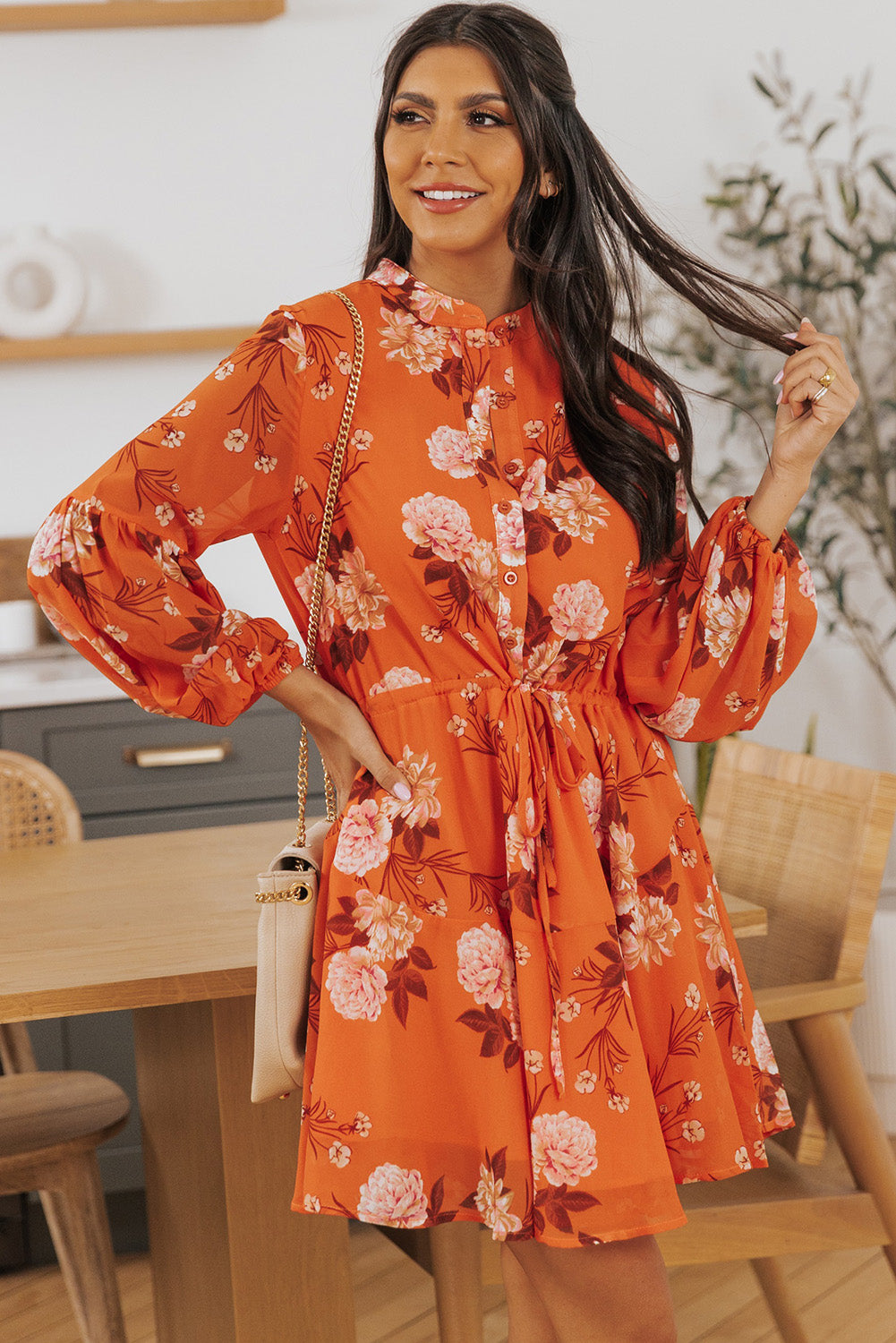 Vintage Floral Print Drawstring Flowy Dress | Orange