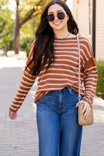 Drop Shoulder Casual Sweater | Brown Stripe