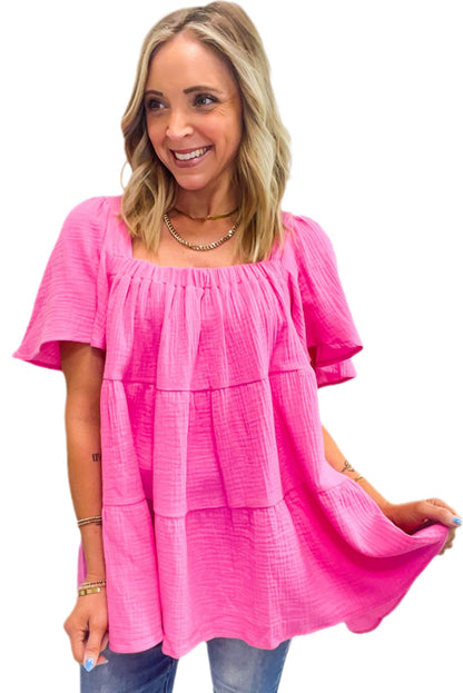 Textured Square Neck Flutter Sleeve Tiered Flowy Blouse | Bright Pink