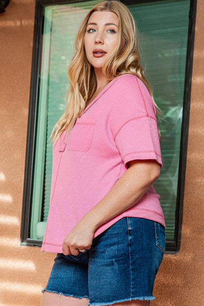 Plus Size Waffle Knit Exposed Seam V Neck Henley T-Shirt | Pink