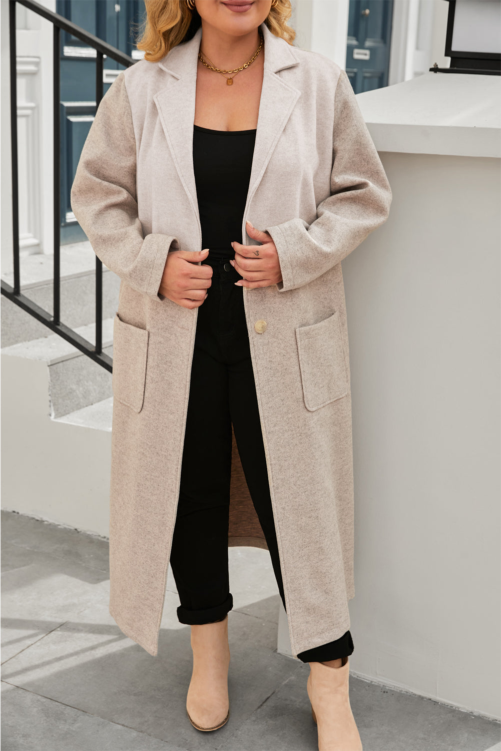 Plus Size Colourblock Lapel Collar Long Coat | Khaki