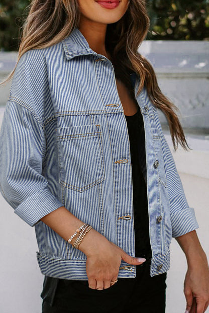 Washed Oversize Pocketed Denim Jacket | Sky Blue Stripe