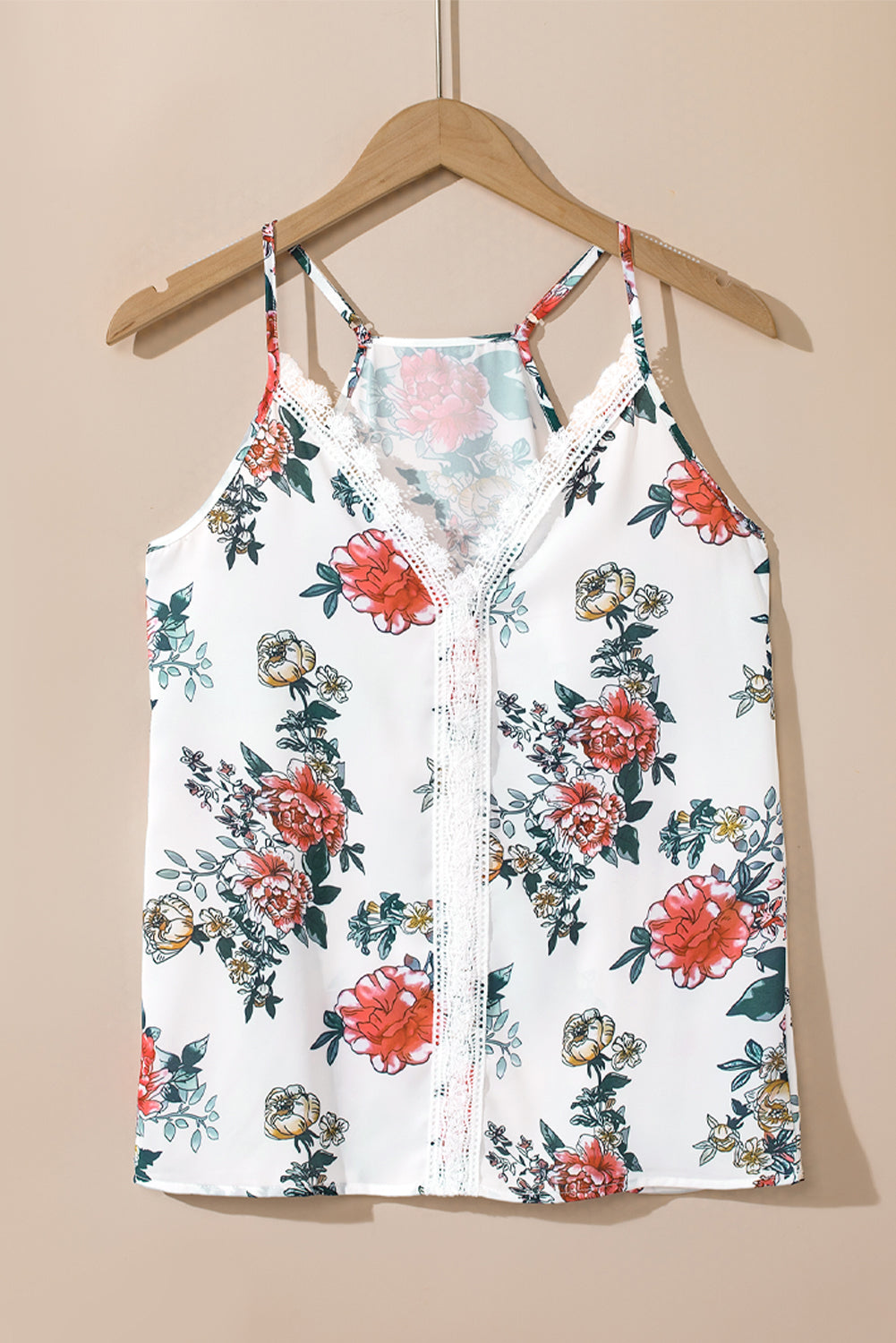 Floral Print Lace V Neck Tank Top | White