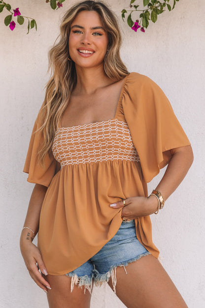 Square Neck Wide Sleeves Flowy Top | Brown