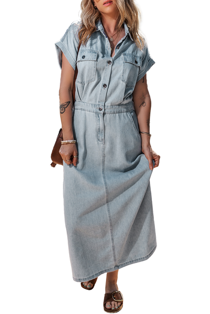 Short Batwing Sleeve Slit Back Denim Dress | Beau Blue