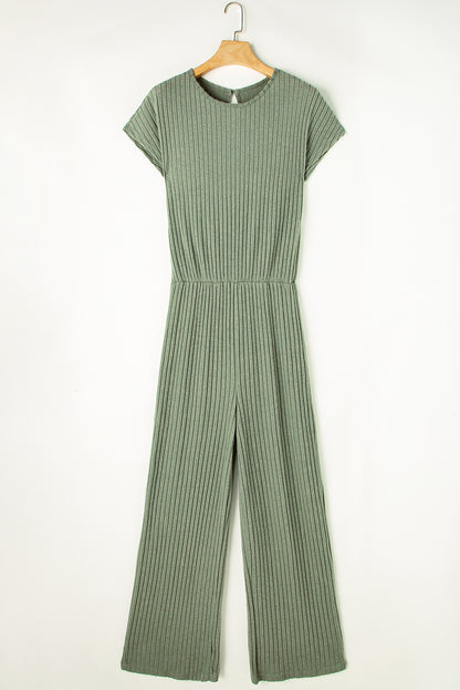 Solid Colour Ribbed Short Sleeve Wide Leg Jumpsuit | Grass Green