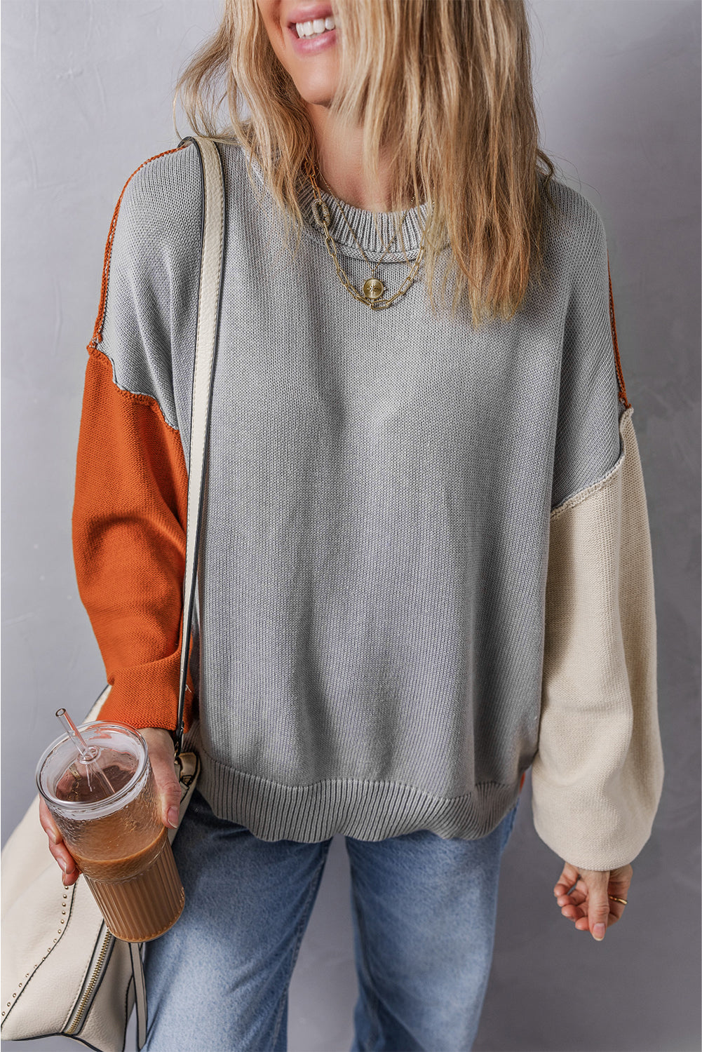 Colourblock Bishop Sleeve Ribbed Trim Sweater | Gray