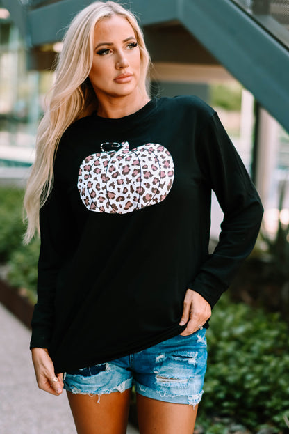 Halloween Animal Print Pumpkin Graphic  Sweatshirt | Black