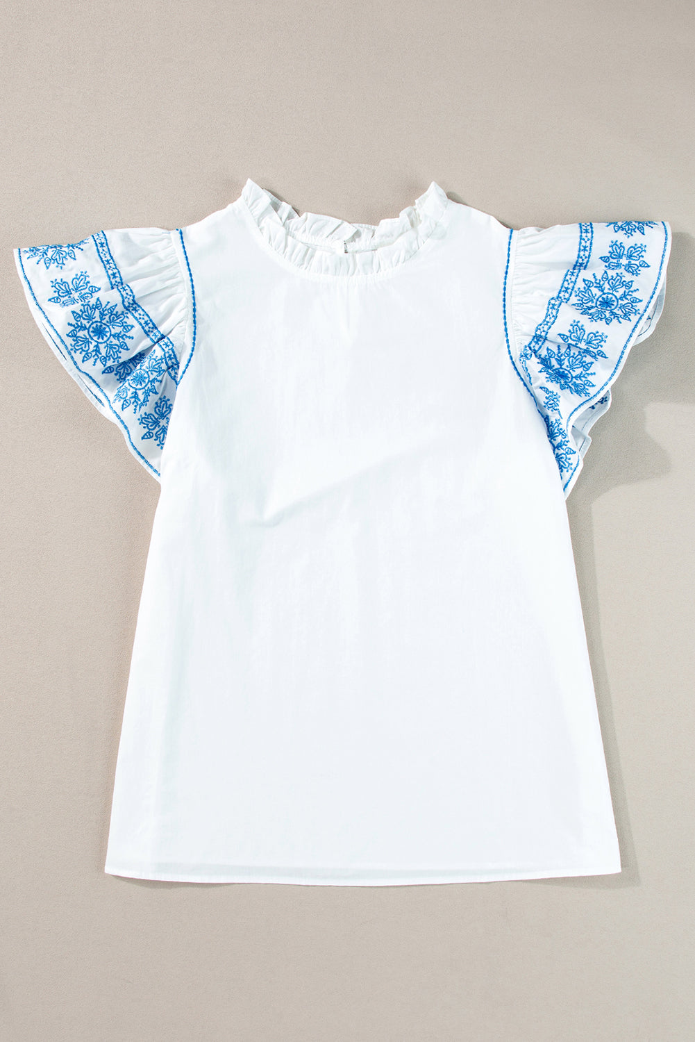 Embroidered Ruffled Sleeve Frilled Collar Blouse | White