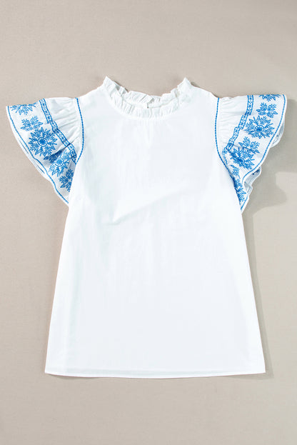 Embroidered Ruffled Sleeve Frilled Collar Blouse | White