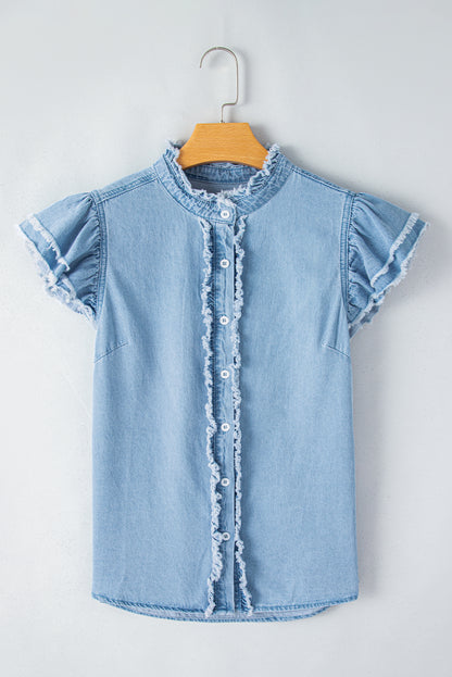 Button Front Ruffled Flutter Frayed Denim Top | Beau Blue