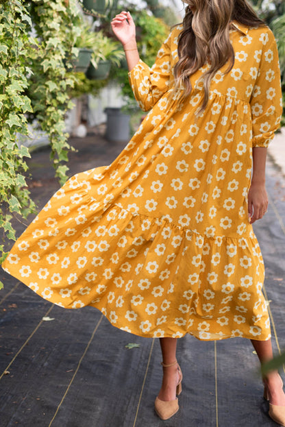 Flower Print Bracelet Sleeve Buttons Collared Maxi Dress | Yellow