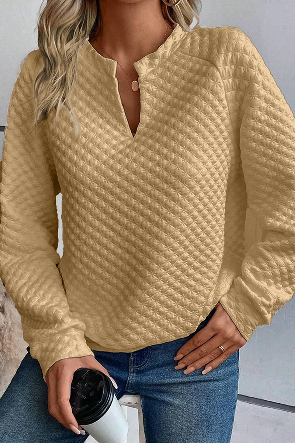 Split Neck Quilted Long Sleeve Top | Khaki