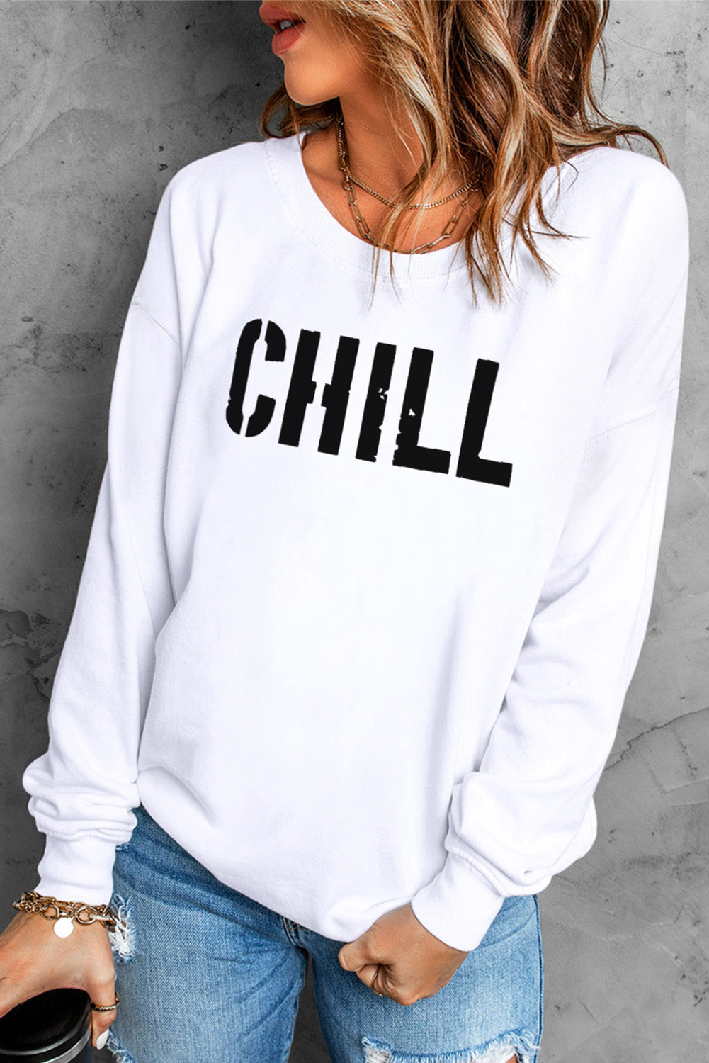 White CHILL Graphic Long Sleeve Pullover Sweatshirt