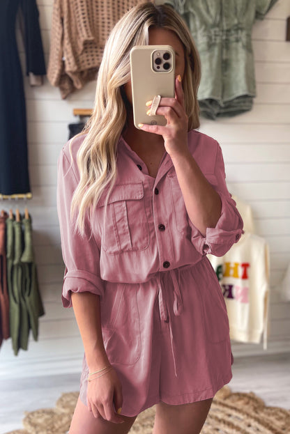 Roll Up Sleeve Flap Pockets Drawstring Playsuit | Peach Blossom