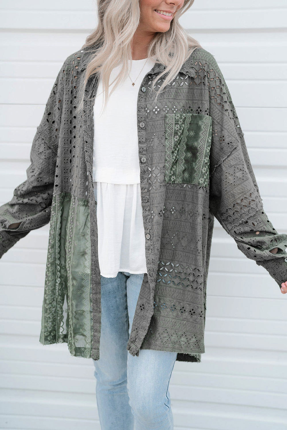 Eyelet Pattern Patchwork Oversized Button Up Shacket | Duffel Green