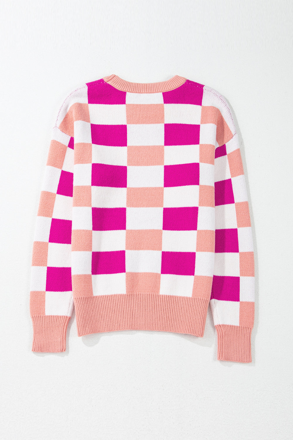 Checkered Ribbed Edge O Neck Drop Shoulder Sweater | Pink