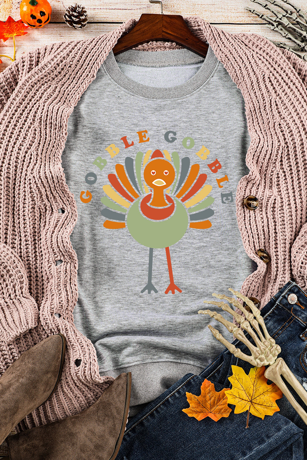 Gobble Gobble Turkey Print Pullover Sweatshirt | Gray