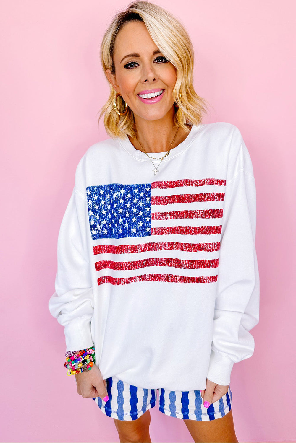 American Flag Graphic Drop Shoulder Loose Sweatshirt | White