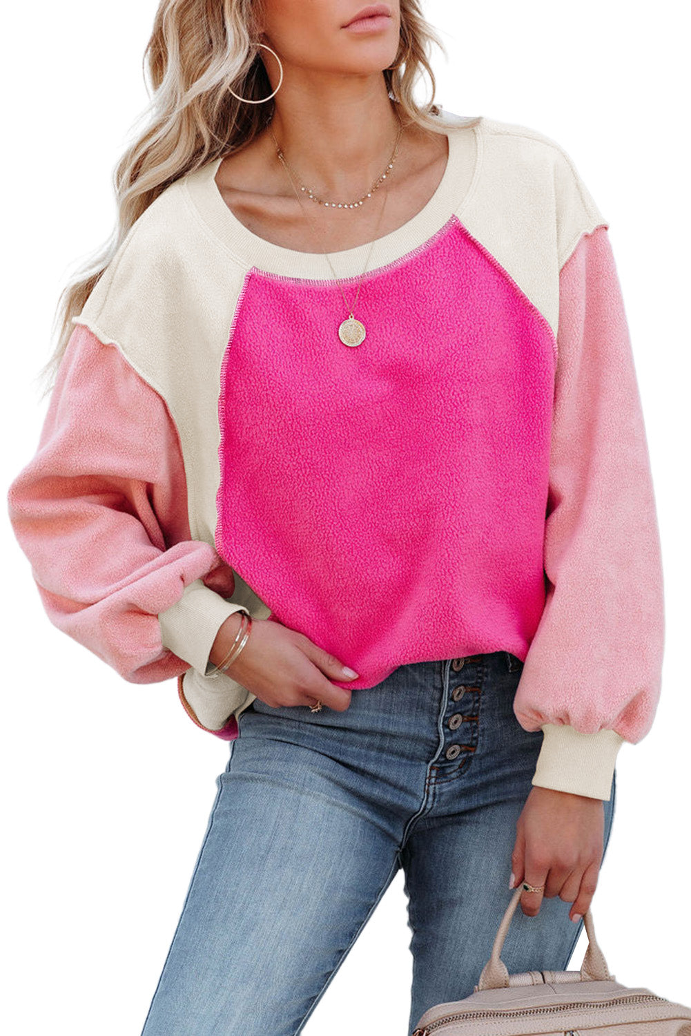 Colourblock Long Sleeve Pullover Fleece Sweatshirt | Rose