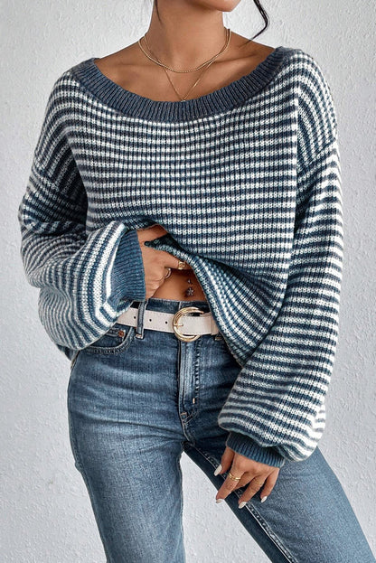 Striped Lantern Sleeve Drop Shoulder Cozy Sweater | Sail Blue