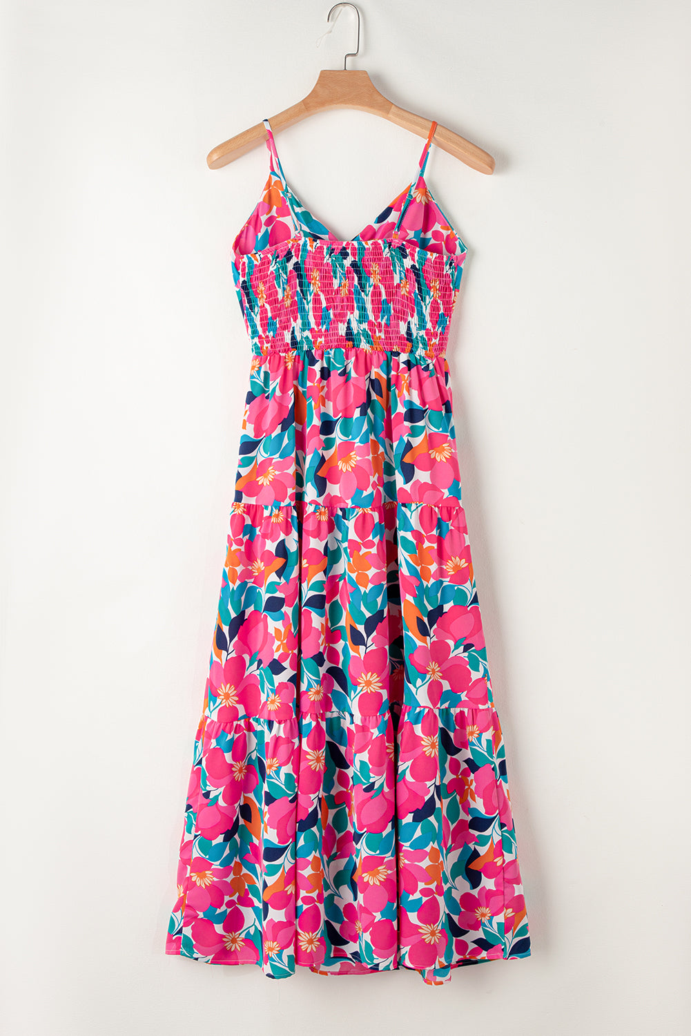 Floral Twisted Smocked Back Tiered Maxi Dress | Rose