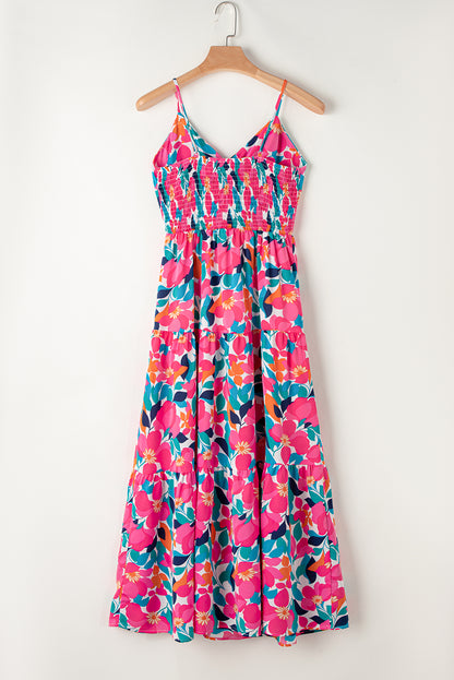 Floral Twisted Smocked Back Tiered Maxi Dress | Rose