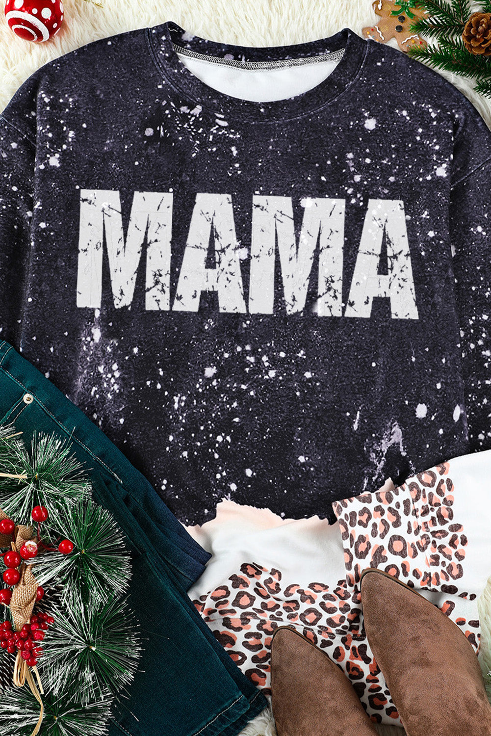 Mama Bleached Leopard Trim Pullover Sweatshirt | Black